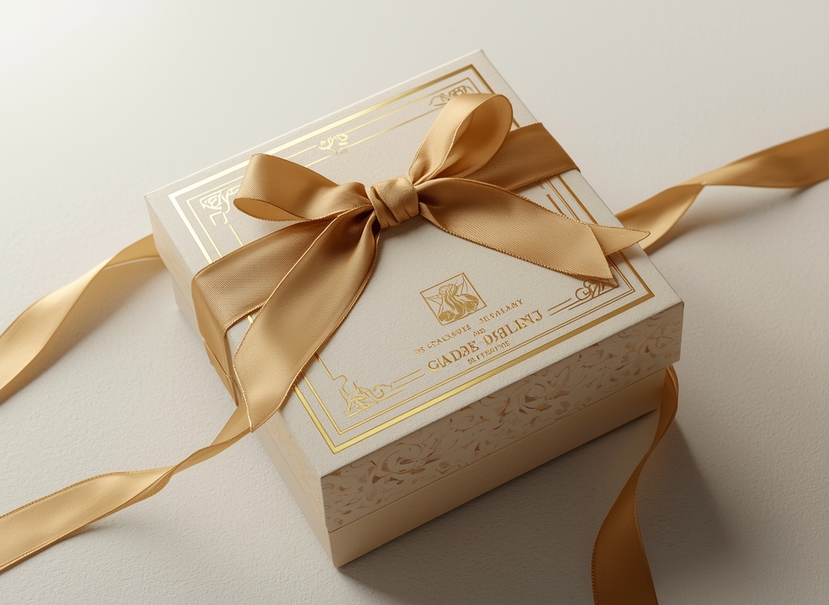 Lyxig presentförpackning med gulddetaljer och exklusiva material